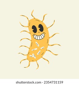 Cute Cartoon bacteria Yersinia pestis character.  Old animation 60s 70s, funny cartoon characters. Trendy illustration in retro style.