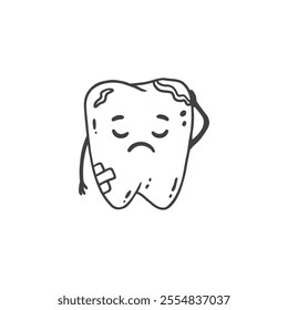 Cute cartoon bad tooth on a white background. Sad tooth. Vector illustration