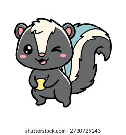 Cute cartoon badger with gray and white stripes and pink cheeks holding an acorn