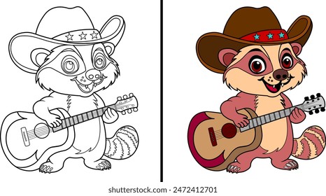 Cute cartoon badger with guitar wearing a cowboy hat  Coloring page. Vector illustration.