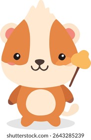 A cute cartoon badger with orange and cream fur holds a honey dipper. The badger has a round belly, small tail, and a happy expression.
