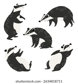 Cute cartoon badgers depicted in different playful poses, vector illustration