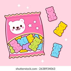 Cute cartoon bag of gummy bears. Kawaii bear shaped candy vector clip art Illustration.
