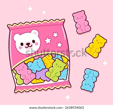 Cute cartoon bag of gummy bears. Kawaii bear shaped candy vector clip art Illustration.