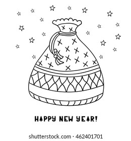 Cute Cartoon Bag With Presents Isolated On White Background Greeting Card Happy New Year