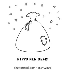 Cute cartoon bag with presents isolated on white background. Greeting card. Happy new year. Merry christmas. Vector illustration. 