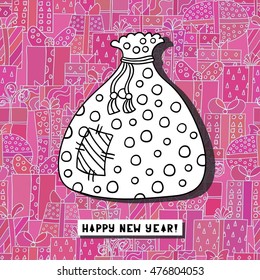 Cute cartoon bag with presents on unusual background. Greeting card. Happy new year. Merry christmas. Vector illustration. 
