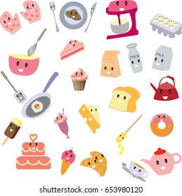 Cute cartoon of Bakery beverage and sweet kitchen cute icon set vector
