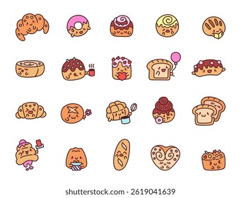 Conjunto bonito de padaria de desenhos animados com croissants sorridentes, rosquinhas, pãezinhos, cupcakes, bolos e outros personagens de pastelaria em várias poses emocionais e engraçadas para seus designs criativos