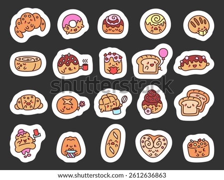 Cute cartoon bakery set featuring smiling croissants, donuts, buns, cupcakes, cakes, and other pastry characters in various emotional and funny poses for yours creative designs