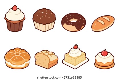Cute Cartoon Baking Pastry Set, Kawaii Style Dessert Illustration for Cafe Menu,Bakery and Sticker Design