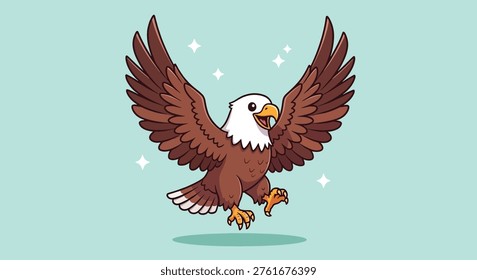 A cute cartoon bald eagle with its wings spread wide, flying against a light blue background with sparkles.