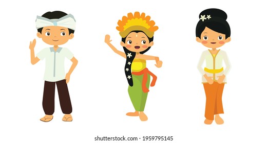 Cute Cartoon Bali People Vector Illustration, Indonesia People Set