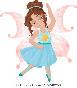 Cute cartoon ballerina in a blue dress. Little fairy. Magic wand in hand. Girl dancing ballet in a fairy costume. Vector illustration isolated on white background.