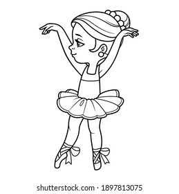 Cute cartoon ballerina girl in tutu hands up outlined for coloring isolated on a white background