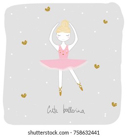 Cute cartoon ballerina with golden glitter hearts. Vector hand drawn illustration.