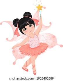Cute cartoon ballerina in a pink dress. Little fairy. Magic wand in hand. A girl with dark hair is dancing a ballet in a fairy costume. Vector illustration isolated on white background.
