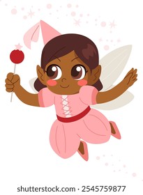 Bailarina linda de la historieta en el vestido rosado que sostiene la Ilustración vectorial mágica de la varita. Niña africana pequeña de la etnia que vuela vestida como hada aislada en el fondo blanco