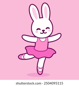 Cute cartoon ballet dancer bunny. Little rabbit character dancing in pink tutu. Kawaii simple vector drawing, clip art illustration.