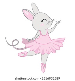 Cute cartoon ballet dancer bunny. Little rabbit character dancing in pink tutu. Kawaii simple vector drawing, art illustration.