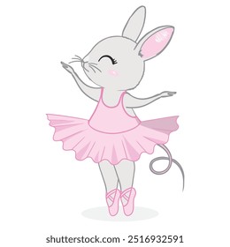 Cute cartoon ballet dancer bunny. Little rabbit character dancing in pink tutu. Kawaii simple vector drawing, art illustration.