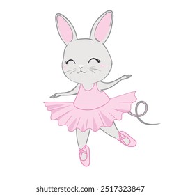 Cute cartoon ballet dancer bunny. Little rabbit character dancing in pink tutu. Kawaii simple vector drawing, art illustration.