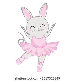 Cute cartoon ballet dancer bunny. Little rabbit character dancing in pink tutu. Kawaii simple vector drawing, art illustration.