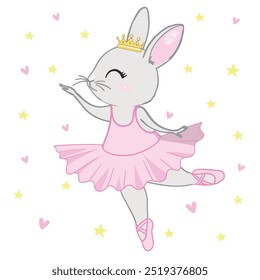 Cute cartoon ballet dancer bunny. Little rabbit character dancing in pink tutu. Kawaii simple vector drawing, art illustration.