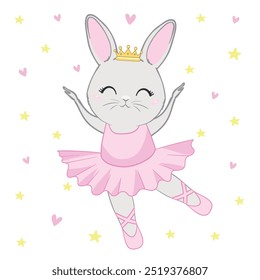 Cute cartoon ballet dancer bunny. Little rabbit character dancing in pink tutu. Kawaii simple vector drawing, art illustration.