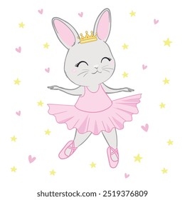 Cute cartoon ballet dancer bunny. Little rabbit character dancing in pink tutu. Kawaii simple vector drawing, art illustration.