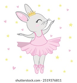 Cute cartoon ballet dancer bunny. Little rabbit character dancing in pink tutu. Kawaii simple vector drawing, art illustration.