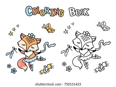 Cute cartoon ballet dancer fox, coloring book with smiling animal, isolated on white background, vector illustration
