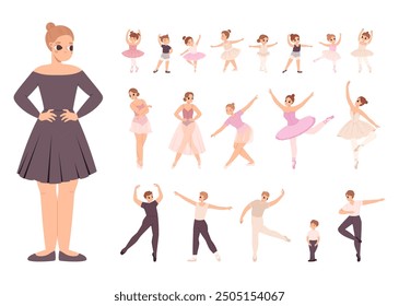 Cute cartoon ballet dancers. Classical dance students, little girls boys men and women. Teacher and dancer in different poses, art vector characters