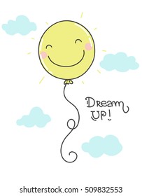 cute cartoon balloon with smiling face is flying in the sky