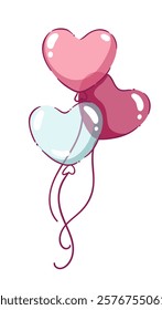 Cute cartoon balloons bunch of heart shape. Funny three ballons in different colors for love gift. Valentines day, birthday party present mascot, cartoon helium balloons flying vector illustration