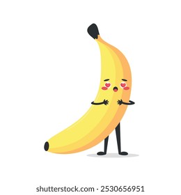 Cute cartoon banana character in love. Banana fruit mascot. Vector illustration