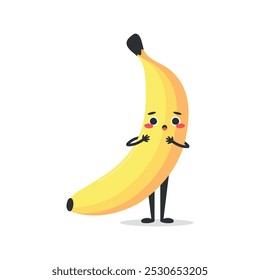 Cute cartoon banana character is surprised or frightened. Banana fruit mascot. Vector illustration