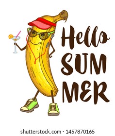 Cute cartoon banana fruit with cocktail and music player. Hand drawn summer tropical illustration