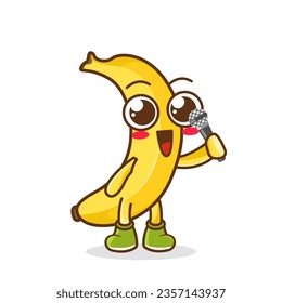 Cute cartoon banana fruit singer character holding mic