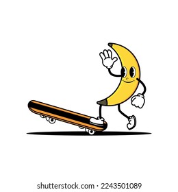 Cute cartoon banana mascot character playing skateboard. Mascot vintage fruit illustration concept