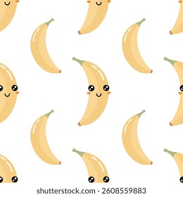 Cute cartoon banana seamless pattern in retro groovy style. Tropical  fruit pattern. Seasonal summer design. Hand drawn vector illustration in flat style