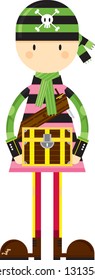 Cute Cartoon Bandana Pirate with Treasure Chest
