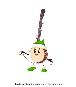 Cute cartoon banjo wearing festive Santa hat celebrating Christmas with holiday lights. Isolated vector cheerful musical string instrument bringing music, joy and happiness during winter festivities