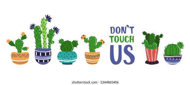 Cute cartoon banner with home plant, blooming cactuses in pots, home garden or greenhouse, lettering, isolated element on white. Flat style, Scandinavian. Vector illustration