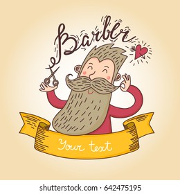 Cute cartoon barber with long beard and mustache. Vector illustration.