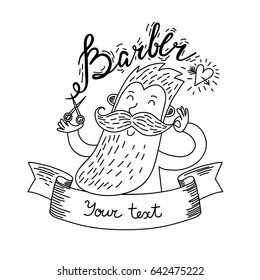 Cute cartoon barber with long beard and mustache. Vector illustration.