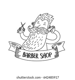 Cute cartoon barber with long beard and mustache. Vector illustration.