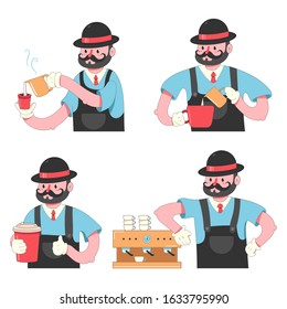 Cute cartoon barista with coffee vector characters set isolated on a white background.
