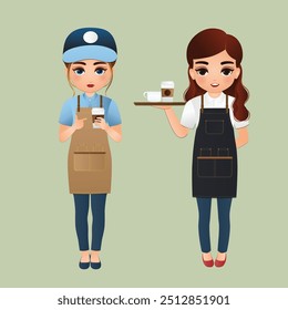 Bonitas mulheres baristas de desenho animado no avental sorrindo servindo um cliente na cafeteria