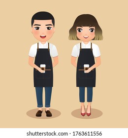 Cute cartoon barista women and man in apron smiling serving a client at the coffee shop.Vector Illustration